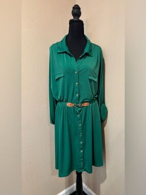 Shamrock Green 3/4 Sleeve Midi Dress with Faux Belt and Cinched Waist, size 1X